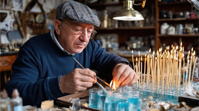 Artisan's Focus: An elderly craftsman with a flat cap and glasses intently crafts intricate details on a wax sculpture, surrounded by the warm glow of numerous lit candles.