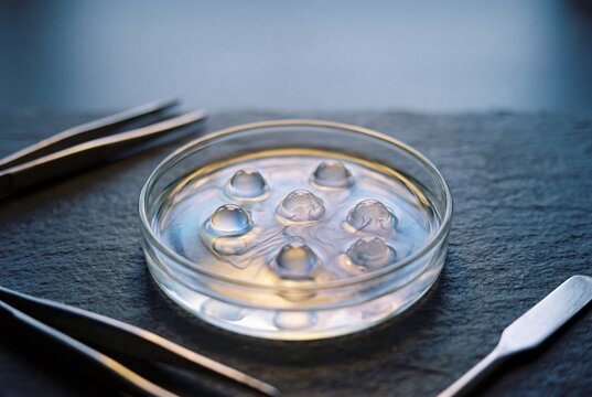 Glass petri dish containing hydrogel droplets and cell cultures on a laboratory workbench with tweezers and spatula