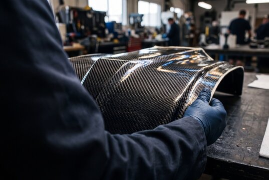 Technician in protective gloves inspecting a curved carbon fiber composite automotive part in a modern manufacturing workshop