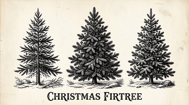 A vintage illustration depicting three majestic christmas trees evoking nostalgia and holiday cheerfulness