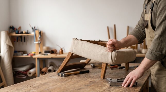 Craftsman Upholstering a Wooden Chair Frame