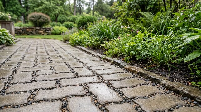 Wet Paved Garden Path Winding Through Lush Greenery After Rain