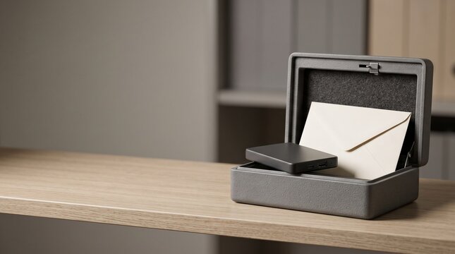Security Box with Portable Hard Drive and Envelope on Wooden Desk