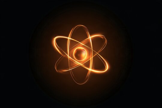Orange glowing atomic structure with spherical core symbolizes energy and scientific discovery.