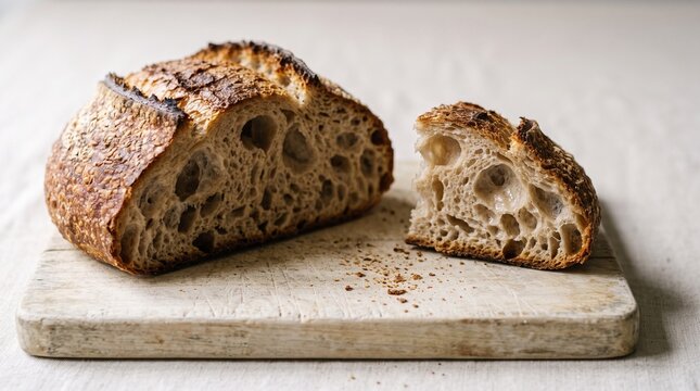 Sliced rustic sourdough bread on a wooden cutting board
