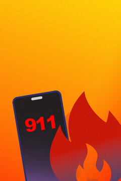 Emergency call for help to 911 with fire symbol and phone background conveying urgency of situation