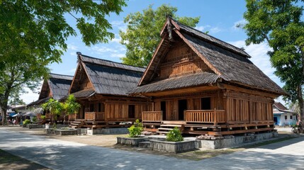 Fototapeta premium Traditional Wooden Houses: A row of charming traditional wooden houses with distinct pitched roofs and intricate carvings stand proudly under a clear blue sky.