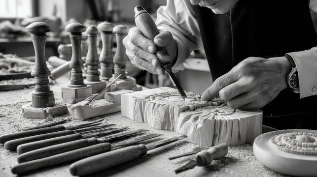 Woodworking Craftsmanship: A close-up, black and white shot showcases a skilled artisan meticulously carving wood with chisels and various woodworking tools, surrounded by wood shavings.