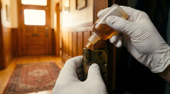 Worker Oiling Squeaky Vintage Door Hinge In Hallway | Door Hardware Maintenance With Liquid Lubricant Bottle | Home Repair Lubricating Wooden Door Hinge Mechanism