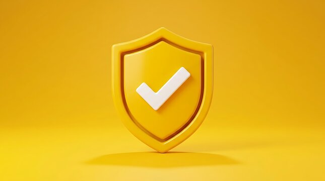 Yellow shield with white check mark symbolizing security protection and safety approval for important information or verification process.