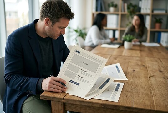 Focused Businessman Reading Paper Reports During Office Meeting.