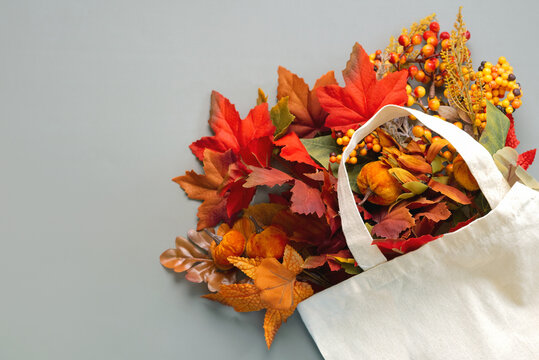 Top view of white bag with different autumn leaves with copy space for text. Autumn concept background