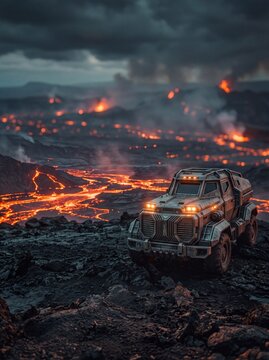 Futuristic armored cargo rover exploring a hostile volcanic planet with flowing lava and smoke under a dark dramatic sky