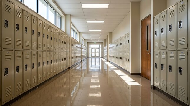 Empty school hallway with rows of beige lockers and large windows, clean bright interior suggesting start of day or end of classes.