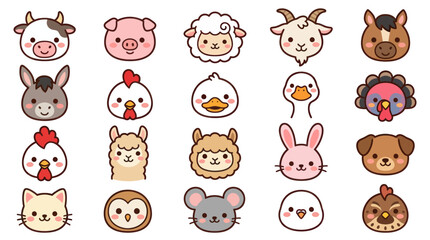 Fototapeta premium Collection of cute farm animal faces icons