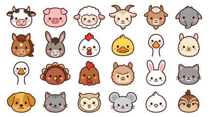 Obraz premium Collection of cute farm animal faces icons