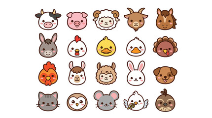 Obraz premium Collection of cute farm animal faces icons