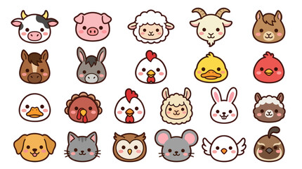 Obraz premium Collection of cute farm animal faces icons