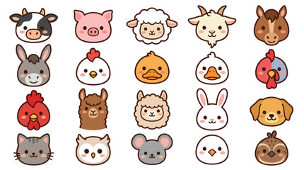 Fototapeta premium Collection of cute farm animal faces icons