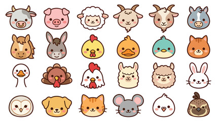 Obraz premium Collection of cute farm animal faces icons
