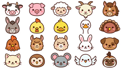 Fototapeta premium Collection of cute farm animal faces icons