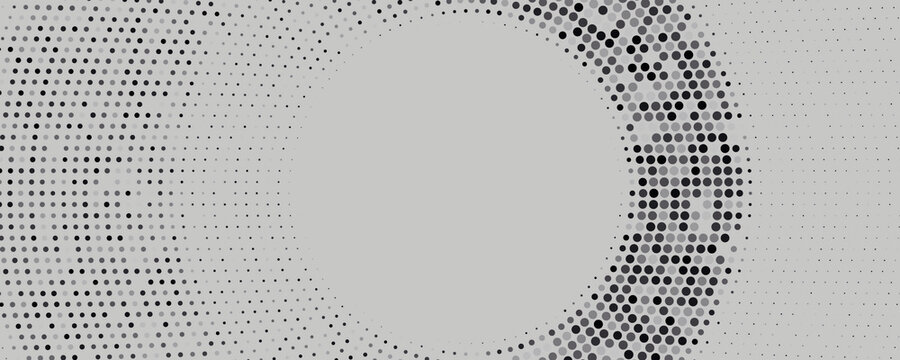 Radial halftone dots. Spotted and dotted stains gradient background. Concentric comic texture with fading effect. Black and white rough gritty wallpaper. Grunge monochrome geometric backdrop. Vector