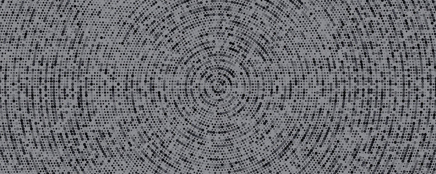 Black radial halftone circles. Dotted sound wave rings. Stippled epicenter, target, radar icon concept. Ripple concentric signal vibration element. Vector round dashed and dotted
