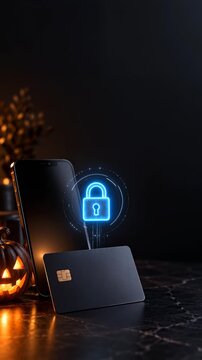 Smartphone and credit card protected by digital lock, payment security concept with copy space
