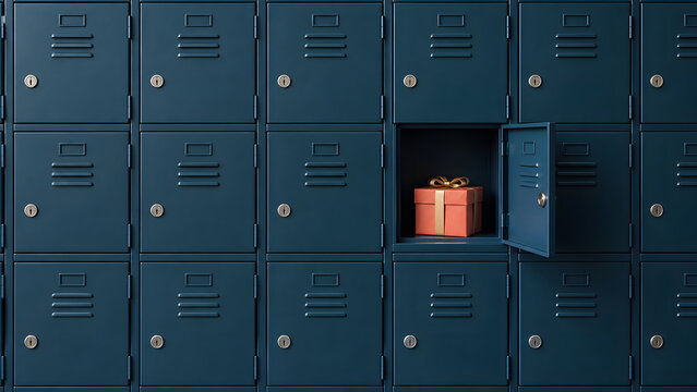 A small wrapped present sits inside one open compartment of a wall of blue lockers, creating a simple hidden-gift scene for an anonymous Secret Santa exchange or holiday surprise during the holidays.
