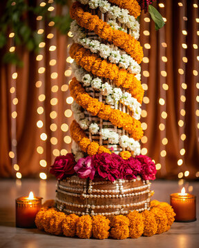 Festive celebration pillar entwined with golden and white blossoms over a bed of rose petals and burning candles.
