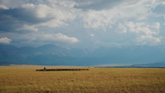 Vast golden steppe stretches under cloudy sky. Shepherd guides herd of sheep across open land. Mountains rise far in background. Scene shows peaceful pastoral life. Ideal for travel, nature
