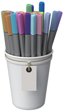 Colorful art markers in a white pen holder with blank hanging tag, isolated on white. Stationery mockup for art, school, office, organization and creative workspace designs.