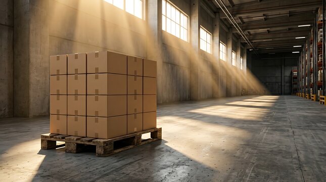 Stacked cardboard boxes on wooden pallet in sunlit warehouse with tall windows and concrete floor for storage and logistics.