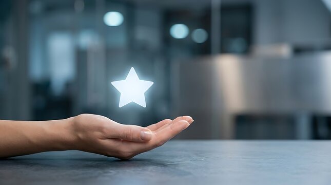 Minimalist glowing digital star symbol hovering above a hand in a bright clean corporate environment representing high quality feedback and premier standard.