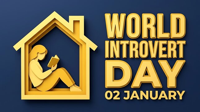 World Introvert Day graphic design with 3D yellow house silhouette and person reading a book on blue background