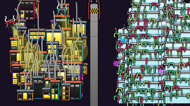 2D animation illustrating social inequality with a dark polluted industrial slum separated by a wall from a clean green affluent city guarded by robotic drones