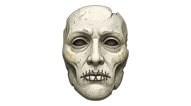 Stone human mask with stitched closed mouth and aged texture in off white color isolated element for horror themes theatrical performances and cosplay.