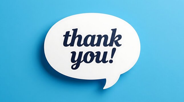 White speech bubble with dark blue text 'thank you!' on a blue background for conveying thanks and positive sentiment.