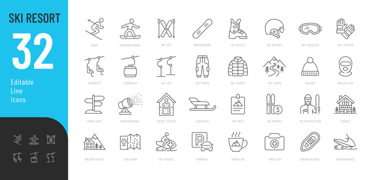 Ski Resort line editable icons set. Vector collection of 32 winter sports, ski equipment, lifts, resort services and snow activity outline symbols on transparent background.
