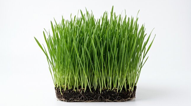 Fresh green wheatgrass with roots and soil on white background