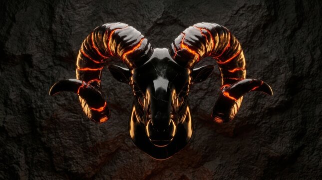 Front view of obsidian ram head with glowing lava horns