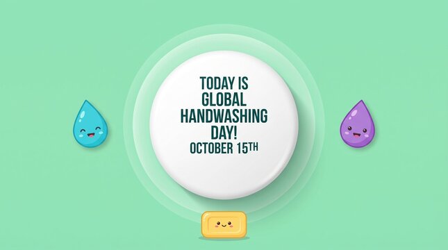 Global Handwashing Day announcement on October 15th, cute cartoon water drops and soap bar, hygiene awareness concept for healthcare and schools