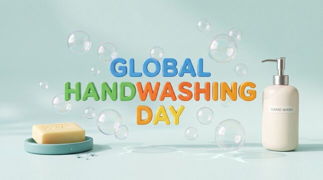 Global Handwashing Day typography with soap bubbles, liquid soap dispenser and bar soap on blue background, hygiene and health awareness concept