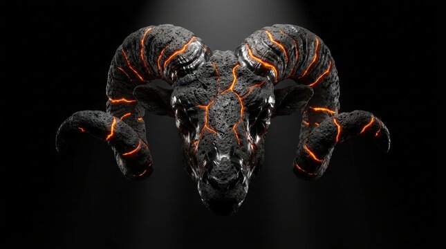 Volcanic rock ram head with molten lava cracks