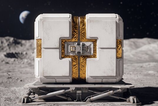 Sci-fi cargo module on moon landscape representing future space economy