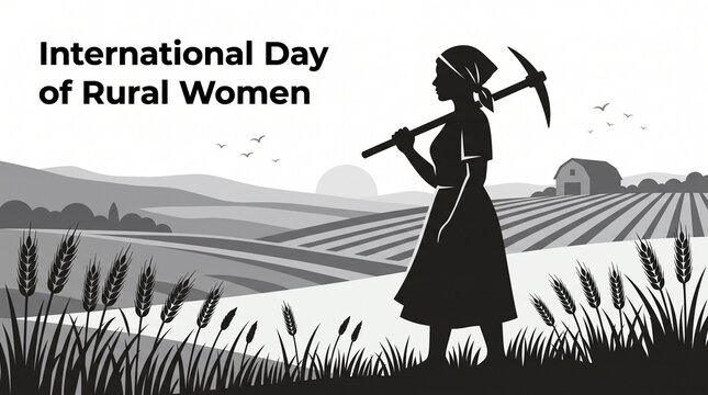 International Day of Rural Women banner, female farmer silhouette with pickaxe in countryside field, monochrome agricultural landscape illustration
