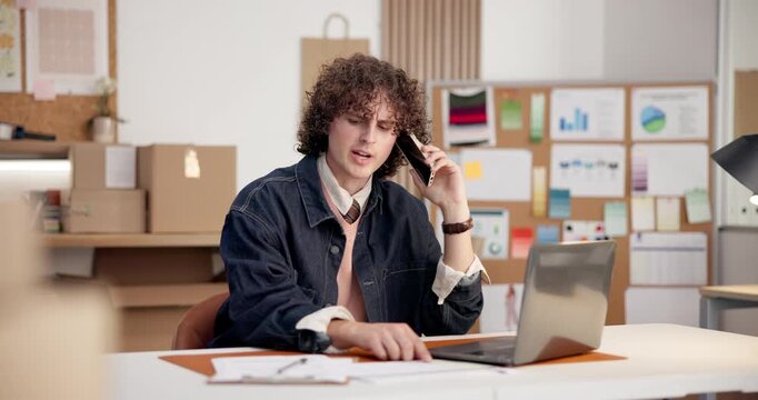 Small business, clipboard or man with phone call for logistics, parcel enquiry or delivery update. Shipping, owner or mobile chat with laptop for package info, courier coordination or smile in office