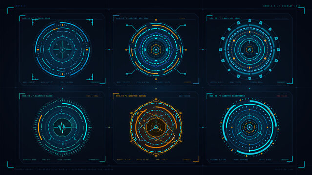 Six futuristic circular interface dials feature cyan and yellow rings, tick marks, geometric indicators and fine technical labels on a dark background
