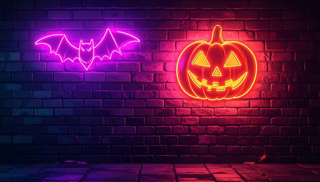 Halloween Neon Sign with Glowing Jack-o'-Lantern Pumpkin and Bat on Dark Brick Wall Background