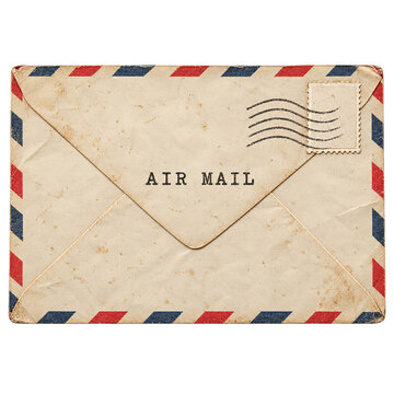 Vintage air mail envelope with red and blue striped border and postmark